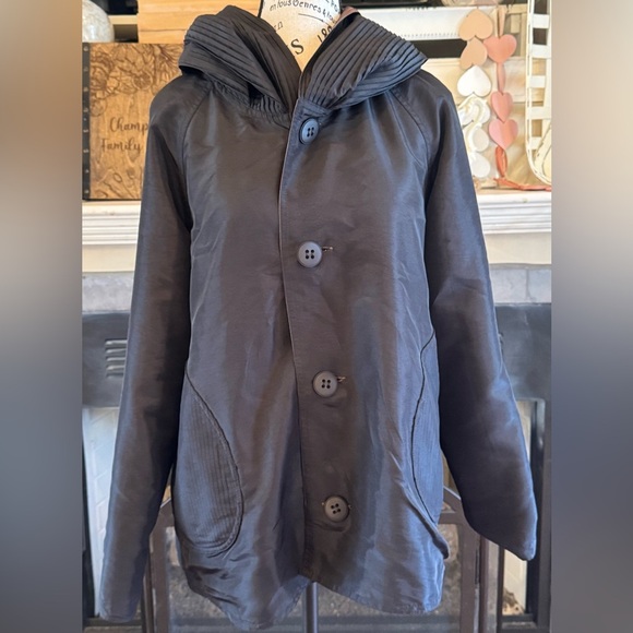 UBU Reversible Rain Coat Jacket Shimmer Brown Black Button Front Cowl Pleated - Picture 6 of 9